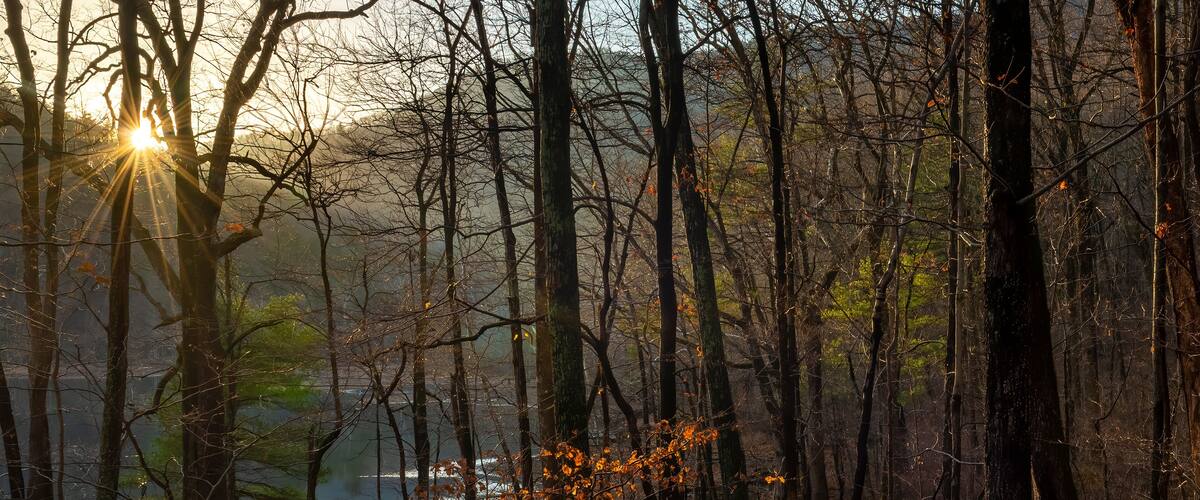Sunset over the Sugar Hollow Reservoir in winter. Reservoir is source of water for Charlottesville, Virginia.