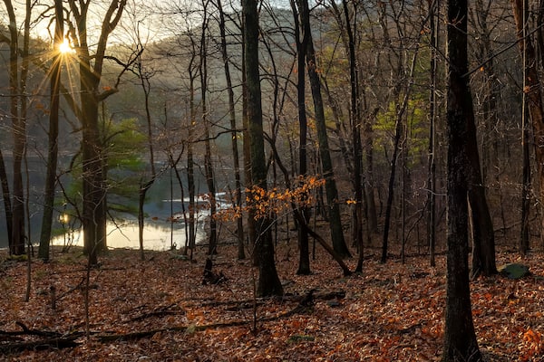 Sunset over the Sugar Hollow Reservoir in winter. Reservoir is source of water for Charlottesville, Virginia.