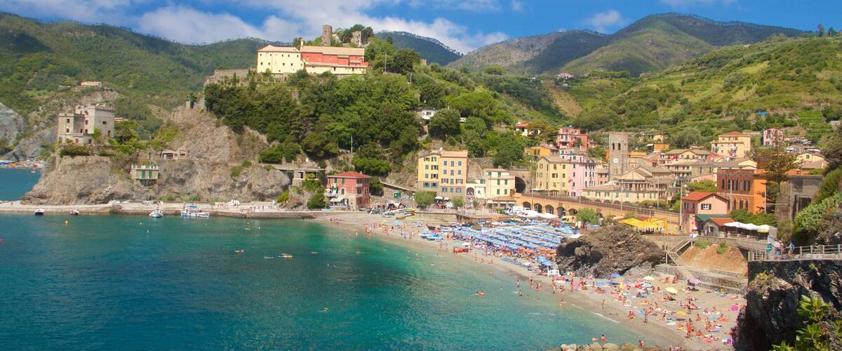 Monterosso Beach which includes a coastal town, general coastal views and a sandy beach