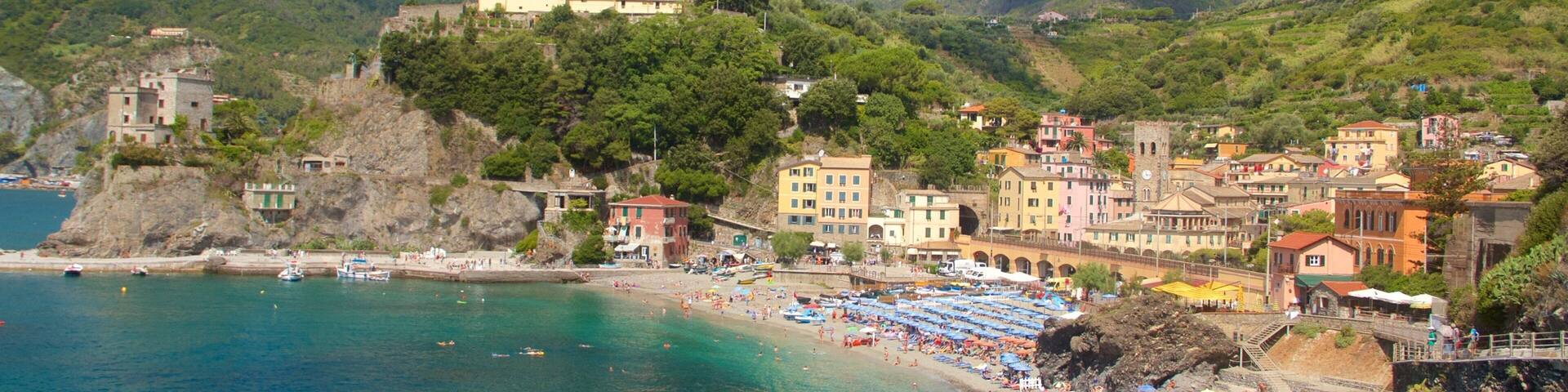 Monterosso Beach which includes a coastal town, general coastal views and a sandy beach