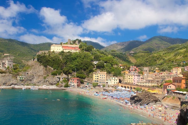 Monterosso Beach which includes a coastal town, general coastal views and a sandy beach