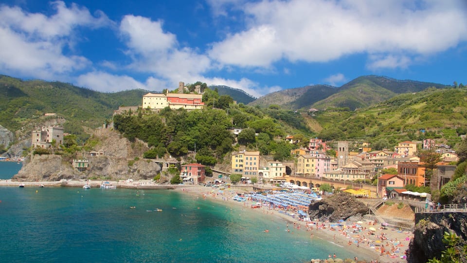 Monterosso Beach which includes a coastal town, general coastal views and a sandy beach
