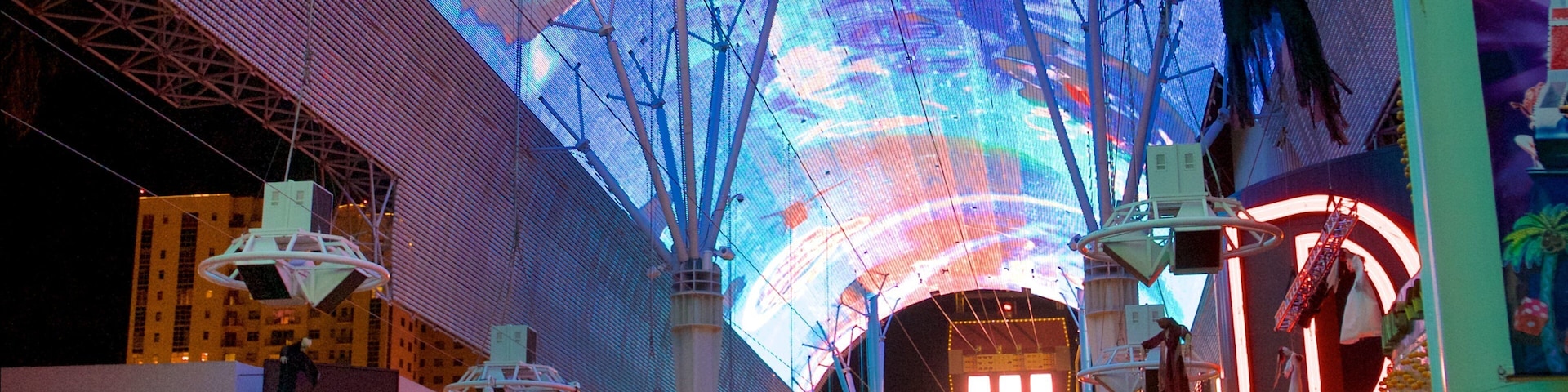 Fremont Street Experience showing night scenes, outdoor art and signage