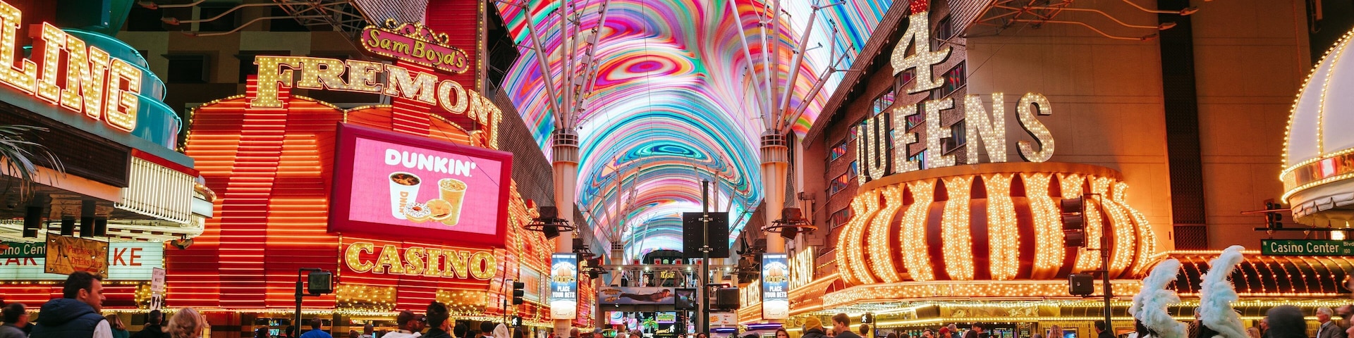 Fremont Street Experience showing street scenes, signage and interior views