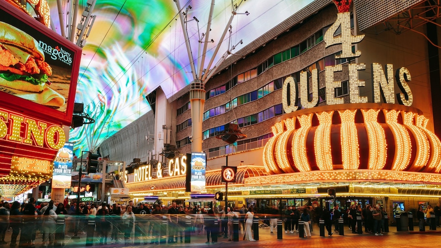 Fremont Street Experience which includes street scenes, signage and night scenes
