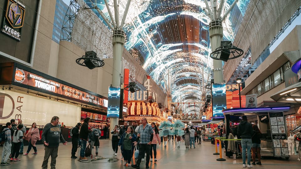 Fremont Street Experience featuring interior views, street scenes and signage