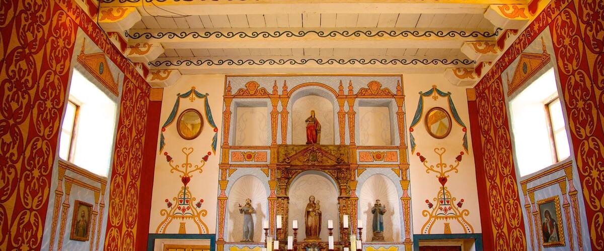 El Presidio de Santa Barbara State Historic Park showing religious elements and interior views