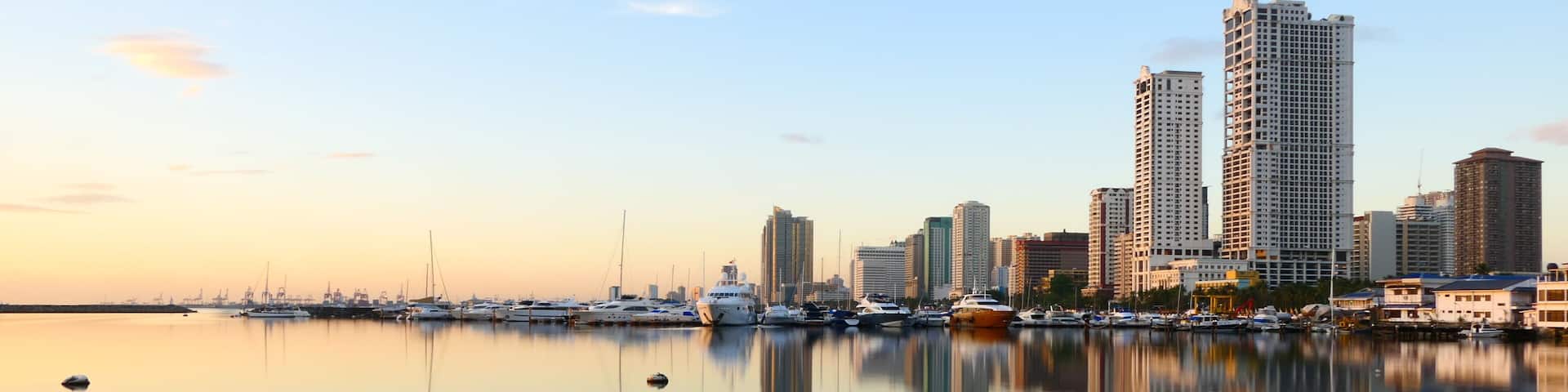 A marina with yachts and a city skyline with high-rise buildings.