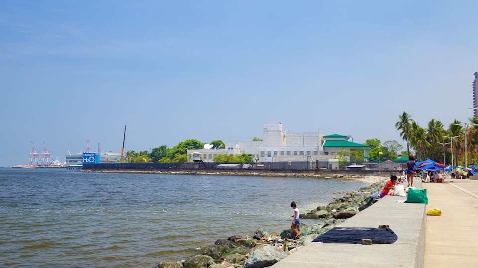 A coastal area with a pier, a hotel, and a beach with people and palm trees.
