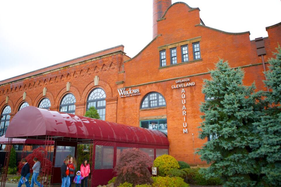 A brick building with arched windows and a sign reading "Windows on the River."