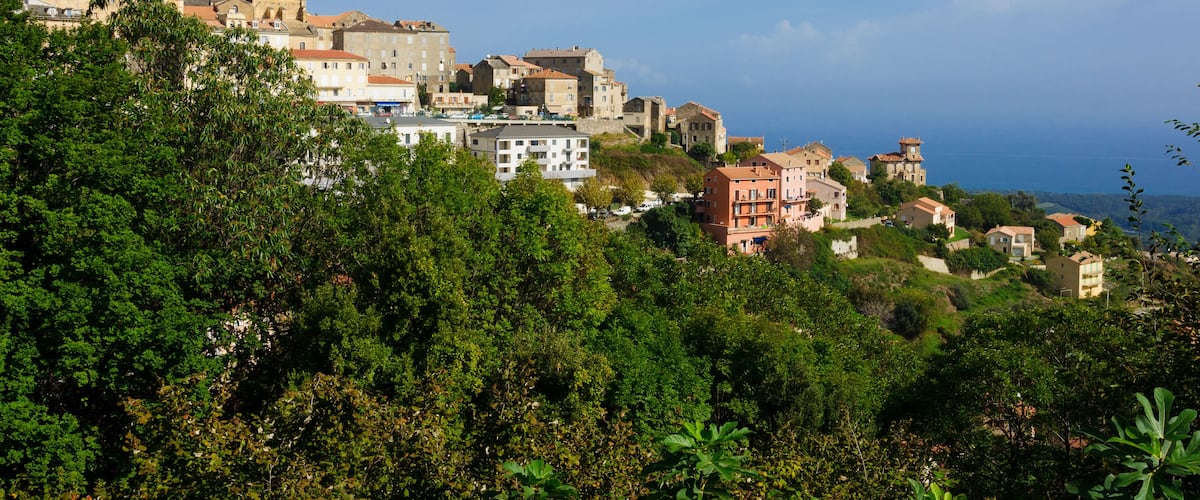 A coastal town with historic buildings and lush greenery.