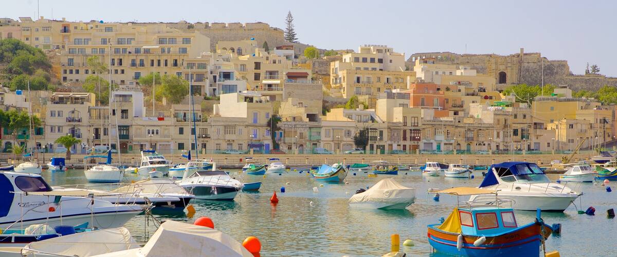 A marina with numerous boats docked, surrounded by a coastal town with historic buildings.