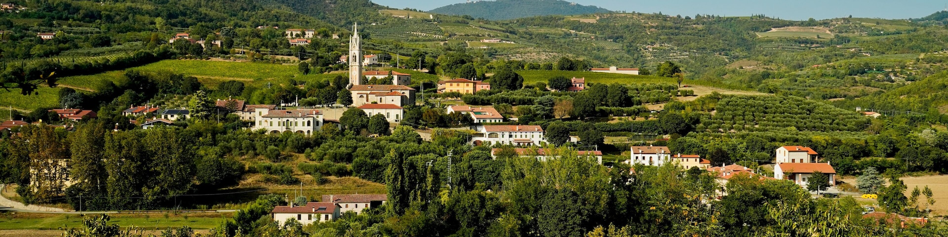 Un village avec une église imposante et des collines douces en arrière-plan.