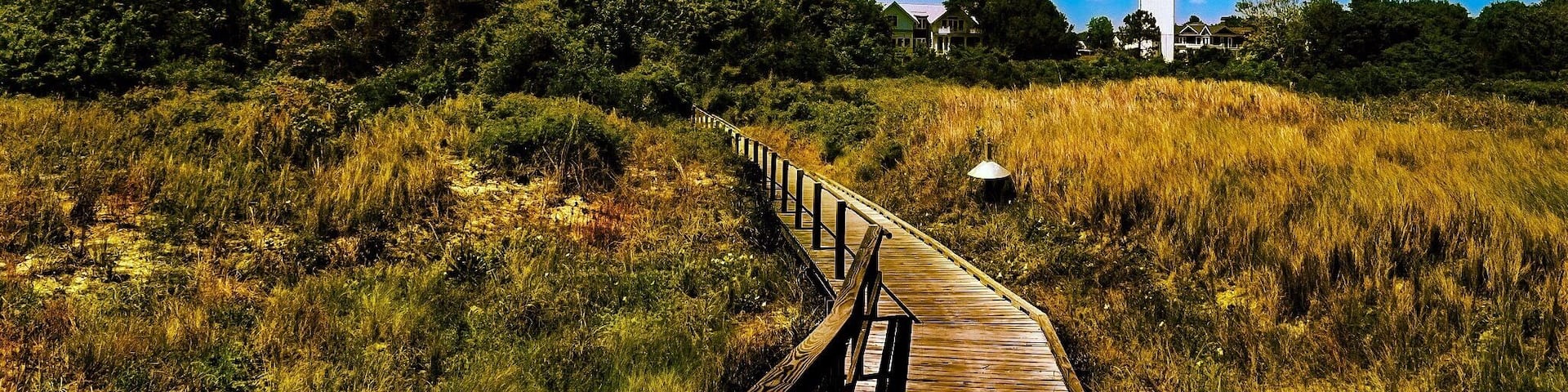 A wooden boardwalk leading to a lighthouse, surrounded by grassy fields and trees under a clear blue sky.