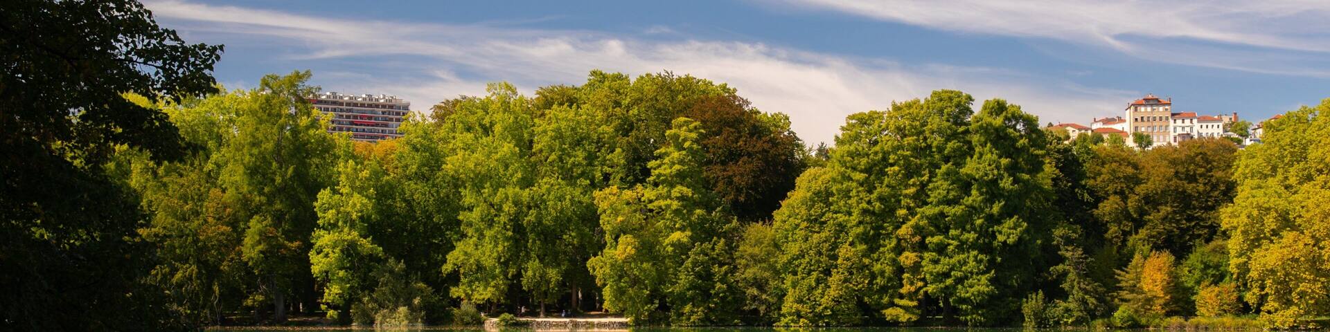 A lake surrounded by dense green trees and buildings in the background.