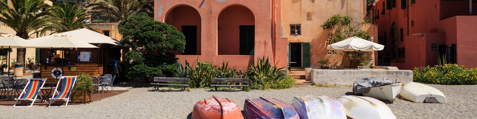 beach bar of Mediterranean Varigotti village in Italy