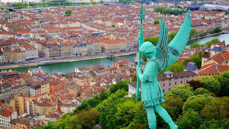 Lyon showing a city, a statue or sculpture and a river or creek