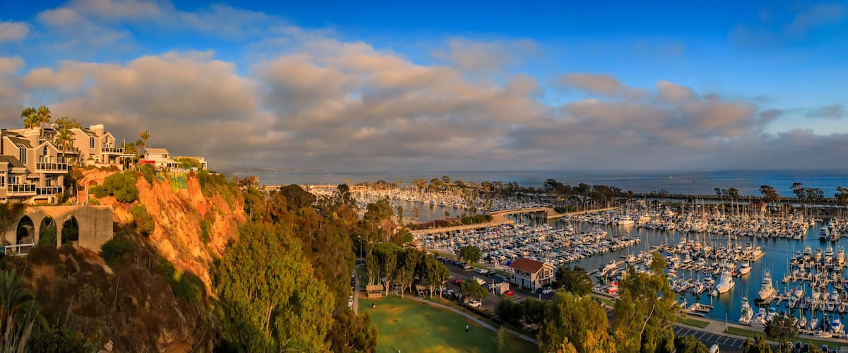 A marina filled with boats, a coastal town with buildings, and a clear sky.