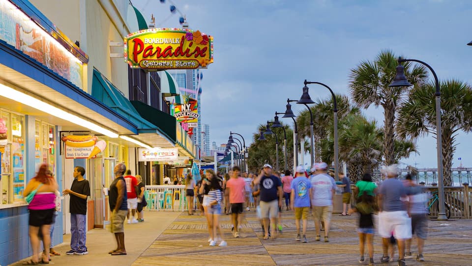 Myrtle Beach Boardwalk which includes night scenes and street scenes