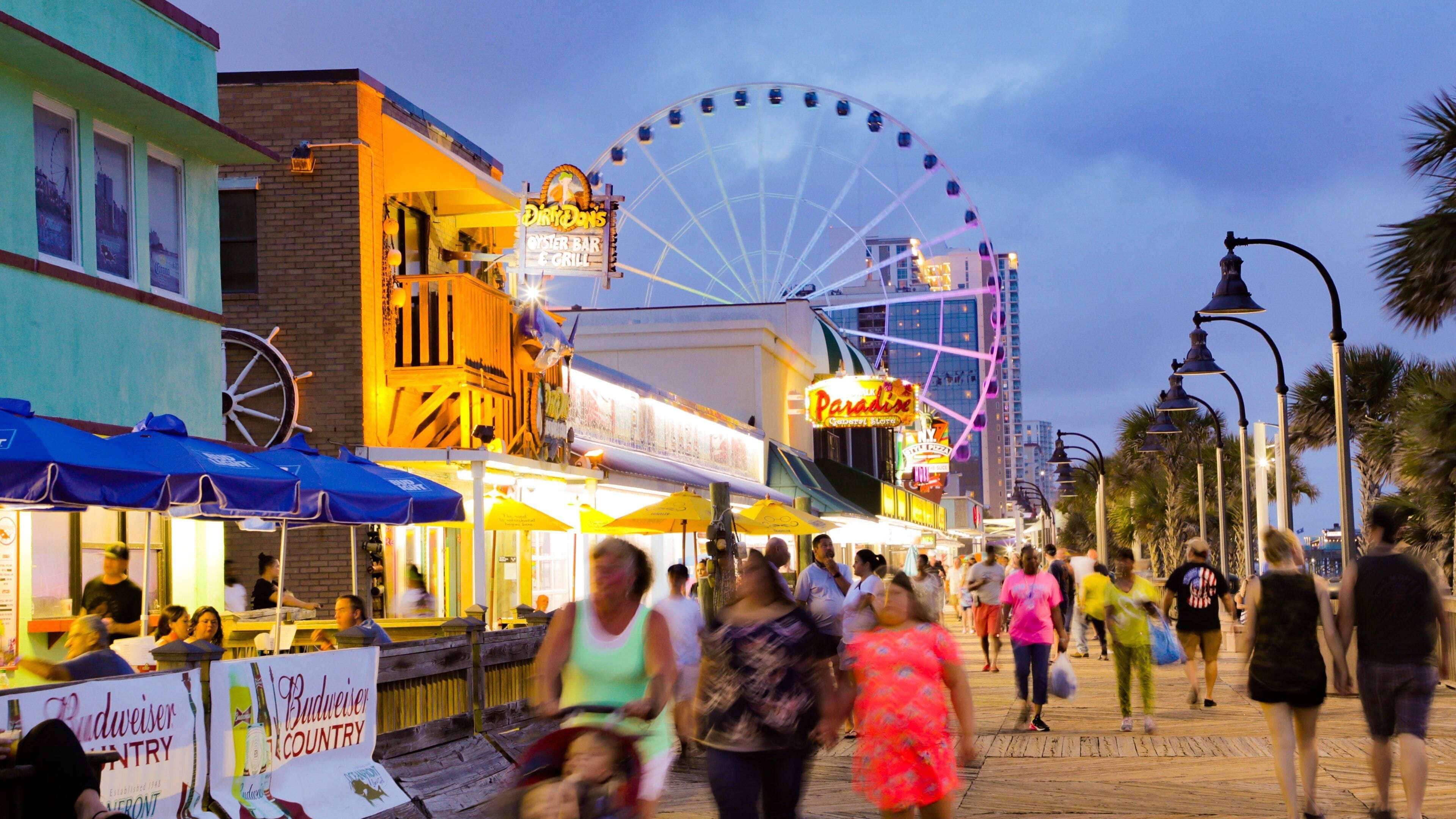 Myrtle Beach Boardwalk showing night scenes and street scenes
