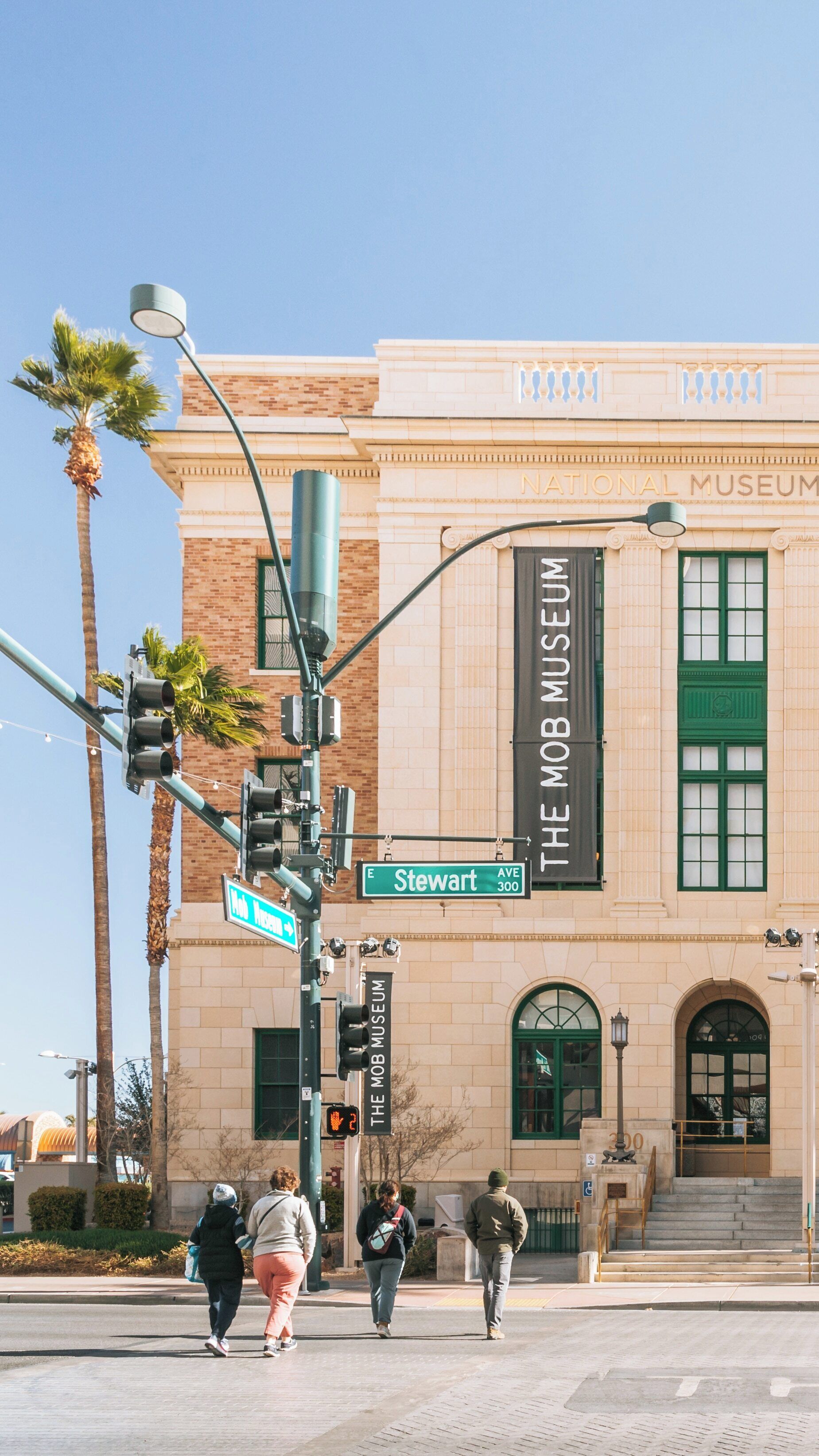 Fascinating facade of Mob Museum in Downtown Las Vegas showcasing historical crime exhibits and architecture under clear skies