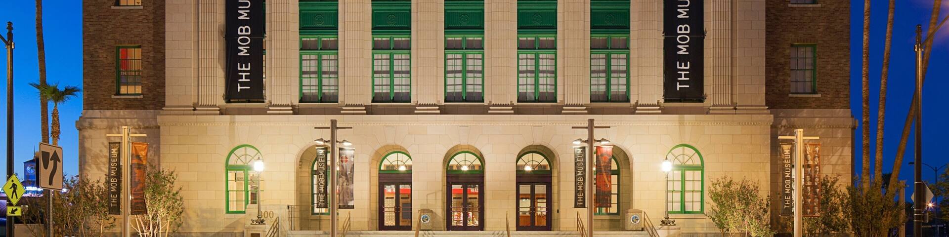 Mob Museum showcases the history of organized crime and law enforcement in Las Vegas, Nevada during the evening