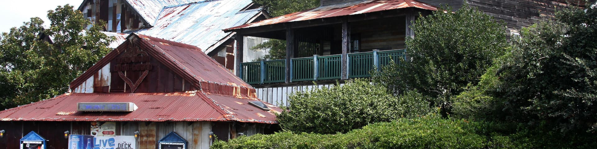 A rustic building with a sign reading "House of Blues."