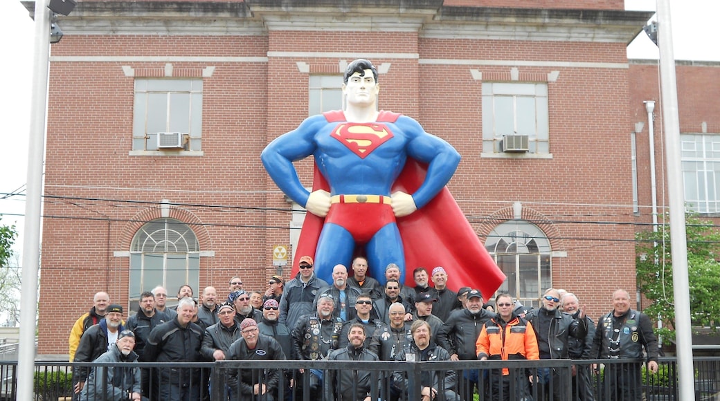 Superman Statue which includes a statue or sculpture as well as a small group of people