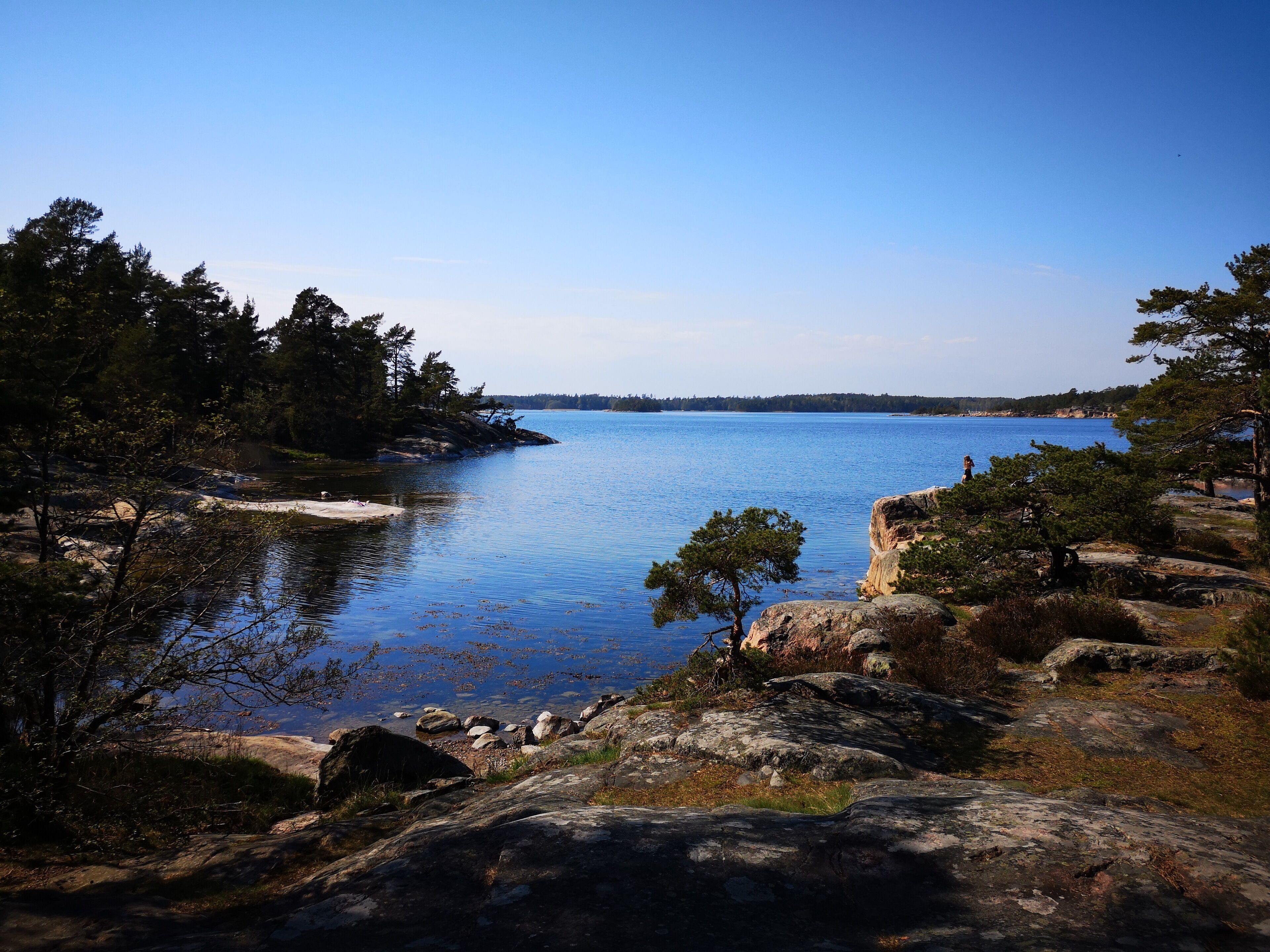 A calm lake surrounded by rocky shores and dense trees.