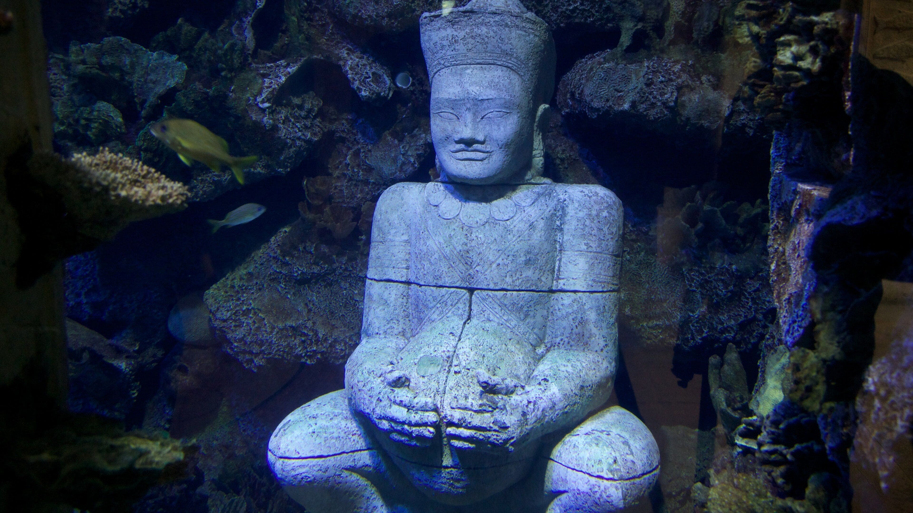 Mysterious stone statue at Shark Reef in Mandalay Bay Las Vegas showcases aquatic life habitat