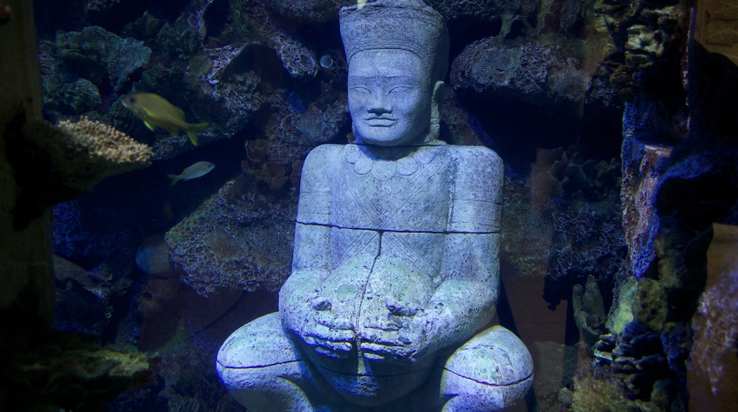 Mysterious stone statue at Shark Reef in Mandalay Bay Las Vegas showcases aquatic life habitat