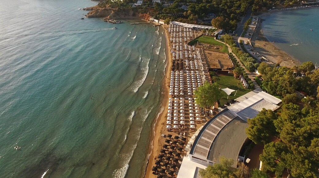 Aerial drone photo of iconic beach of Astir in Vouliagmeni, Athens Riviera, Greece