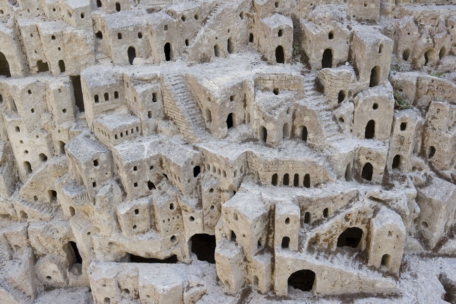 Closeup model of the Sassi di Matera - meaning stones of Matera which are prehistoric cave dwellings in the Italian city of Matera, Basilicata. It is one of the first or eldest settlements of Italy.