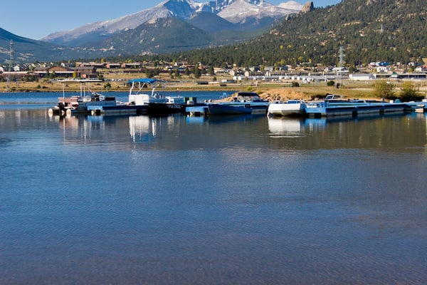 Estes Lake Ripples - Ripples cover the surface of Estes Park Lake in Estes Park Marina with Longs Peak of Rocky Mountain National Park, on a clear sky summer day. Larimer County, Colorado