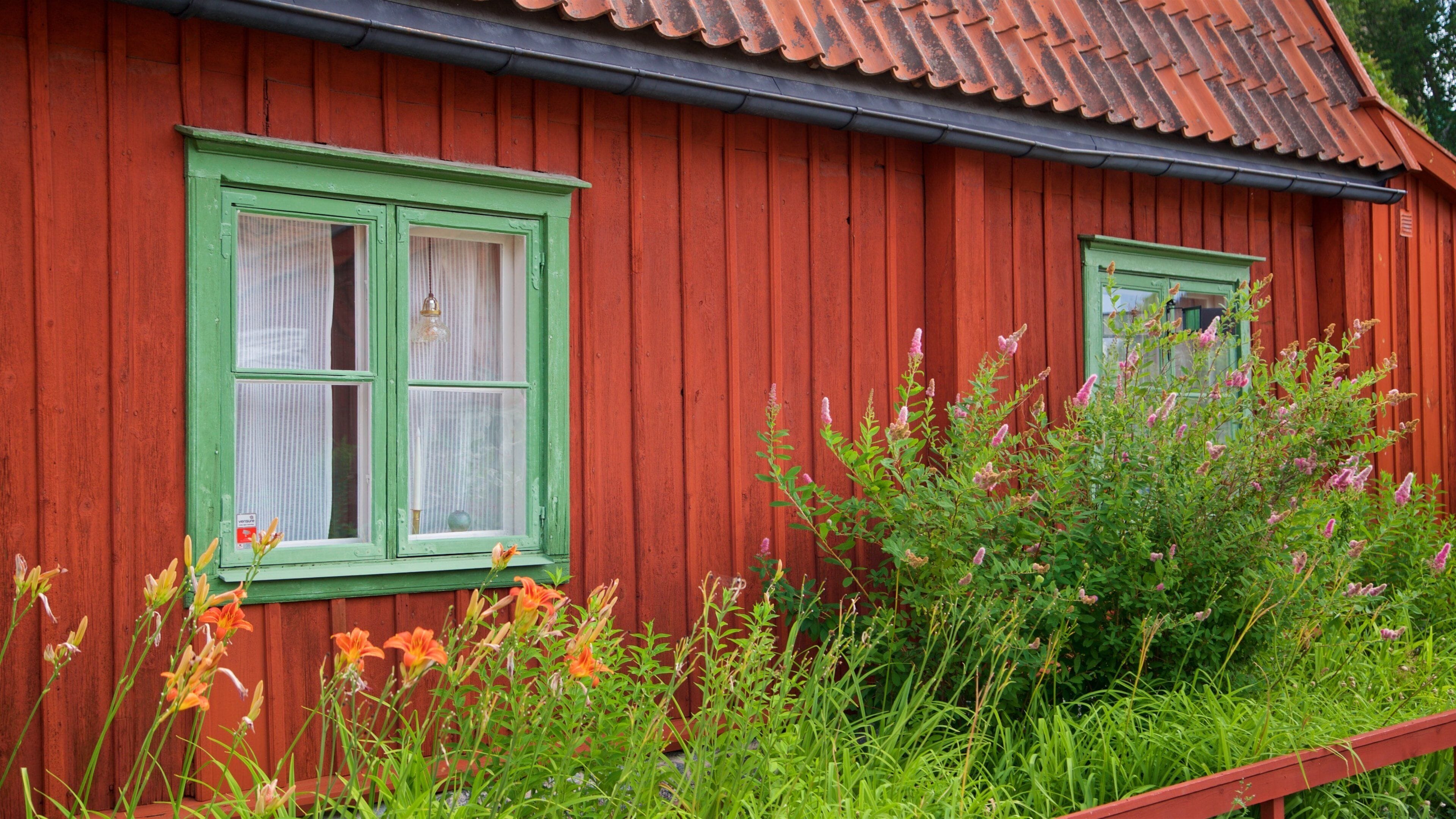 Vitabergsparken Park showing wildflowers, a house and heritage elements