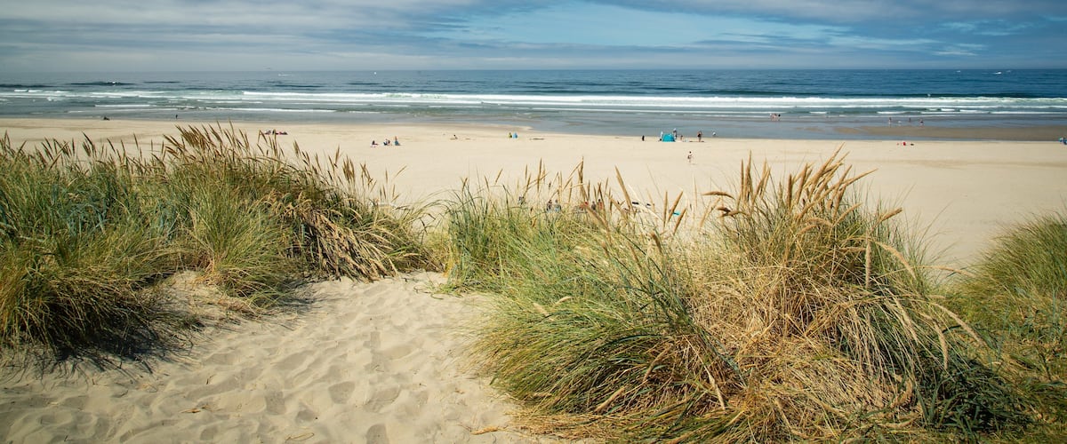 A sandy beach with waves, grassy dunes, and a clear sky.