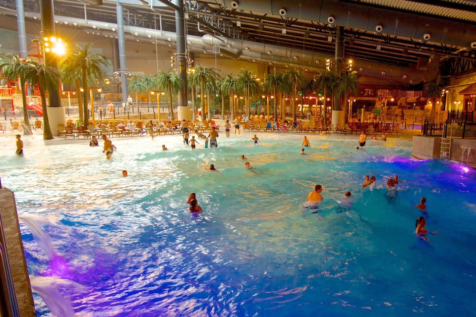 Parque acuático interior con múltiples piscinas, palmeras y una zona cubierta con asientos.