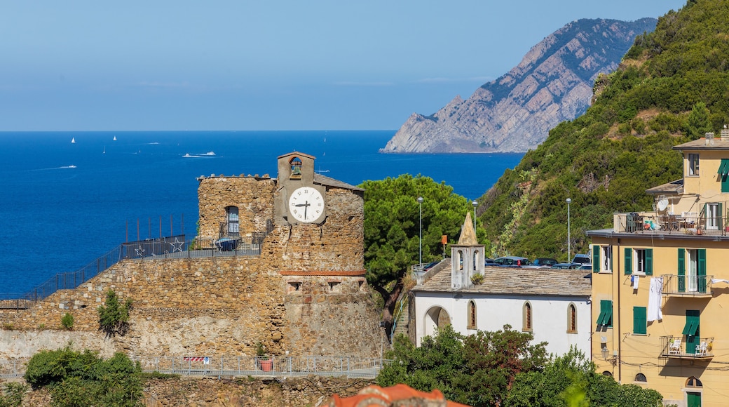 Landscape panorama with castle of Riomaggiore, historic building located in the upper part of the historic center of Riomaggiore, in the Cinque Terre, in the province of La Spezia.