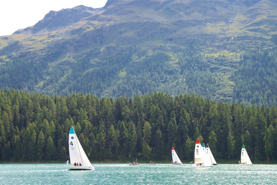 Segelboote auf einem See mit einem bewaldeten Berg im Hintergrund.