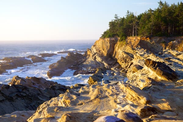 A rocky coastline with waves crashing against the shore, a forested cliff, and a clear sky.