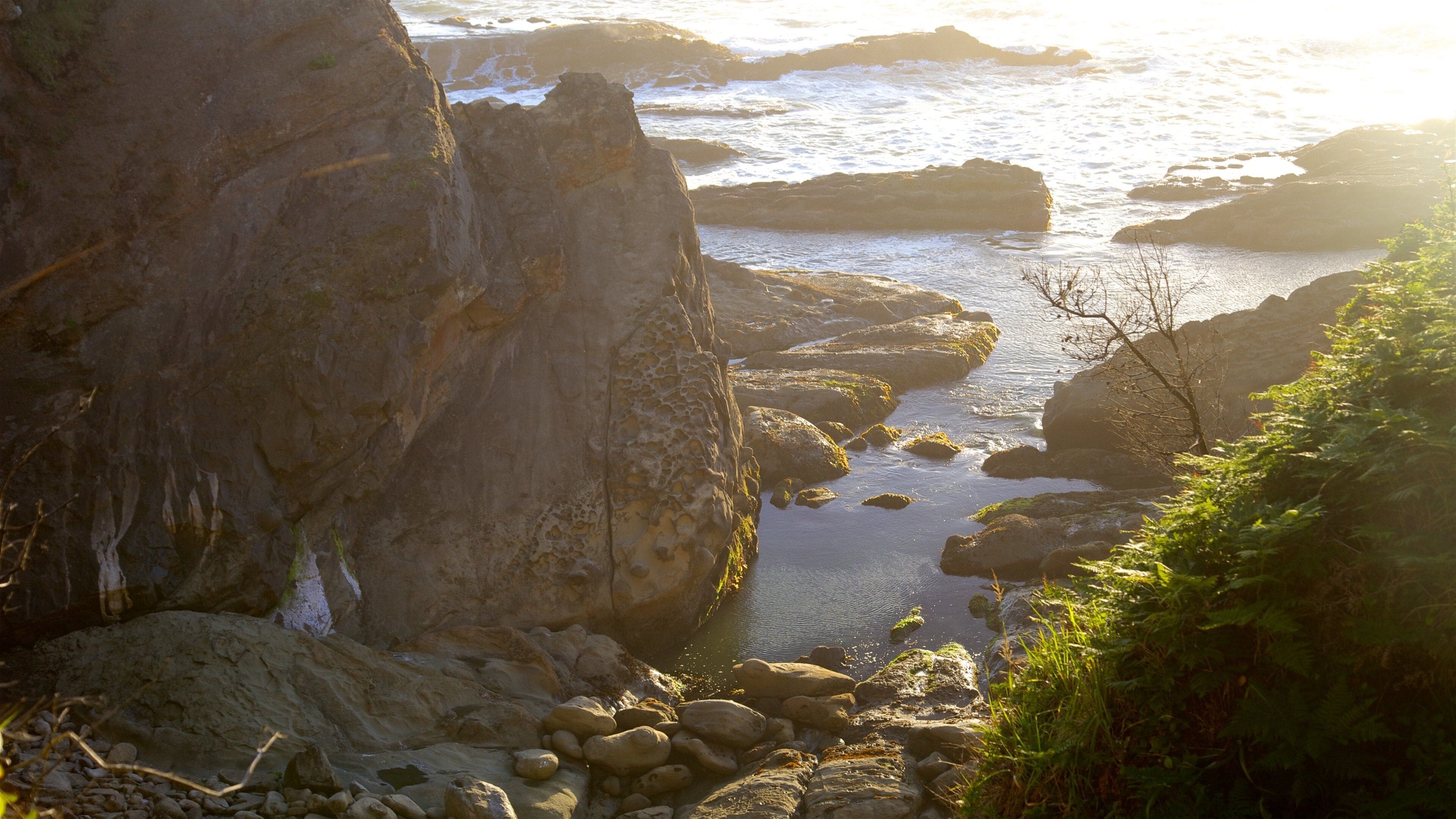 A rocky coastline with waves crashing against the shore and sunlight reflecting off the water.
