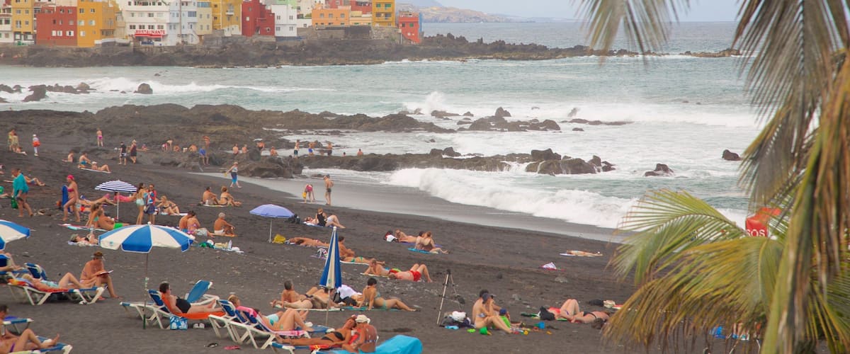 Playa Jardín mostrando vistas generales de la costa y una ciudad costera y también un gran grupo de personas