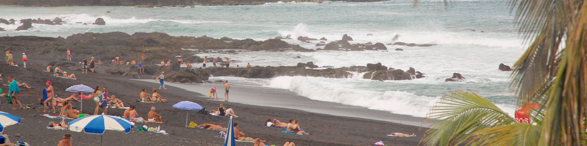 Garden Beach which includes a coastal town and general coastal views as well as a large group of people
