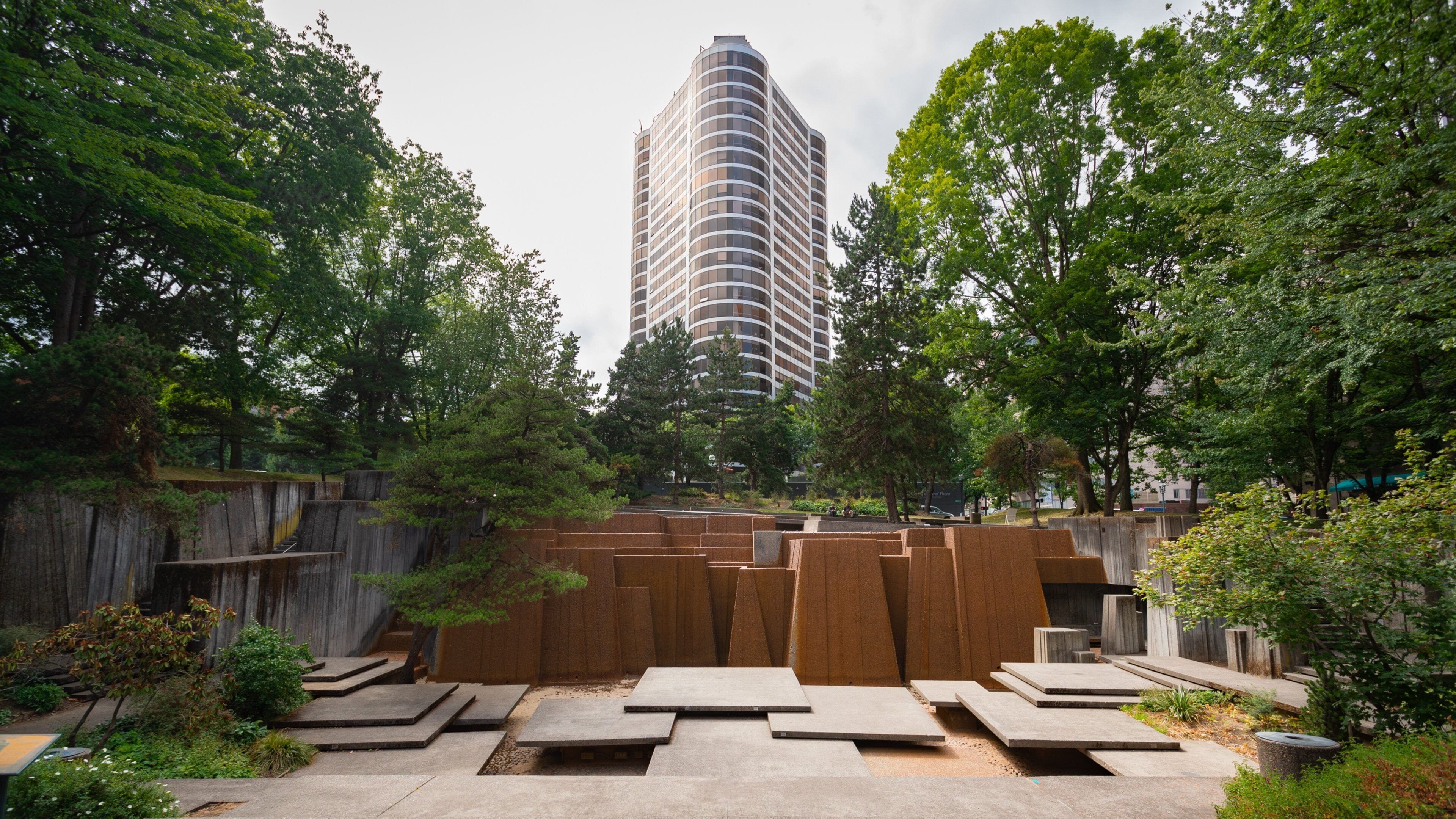 Keller Auditorium showing a park and a skyscraper