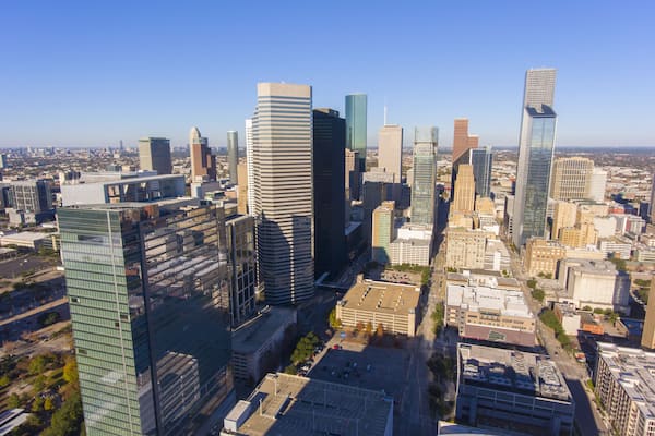 Houston modern city aerial view in downtown Houston, Texas, TX, USA.