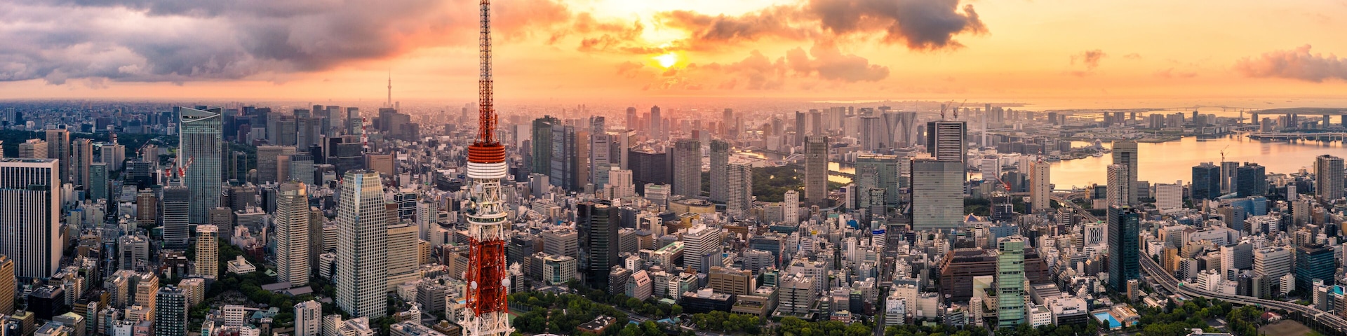 Aerial drone Panorama - Skyline of the city of Tokyo, Japan at sunrise. Asia