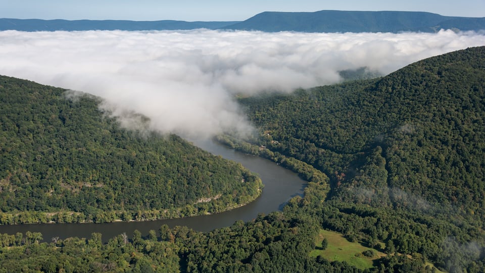 A river winding through a forested valley with a mountain range in the background.
