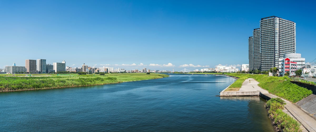 A river with a bridge in the distance, surrounded by modern buildings and greenery.