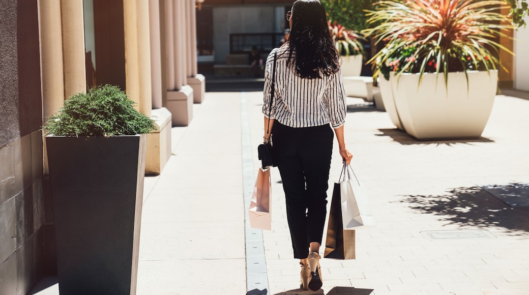 girl holding shopping bags on sunny day outdoors