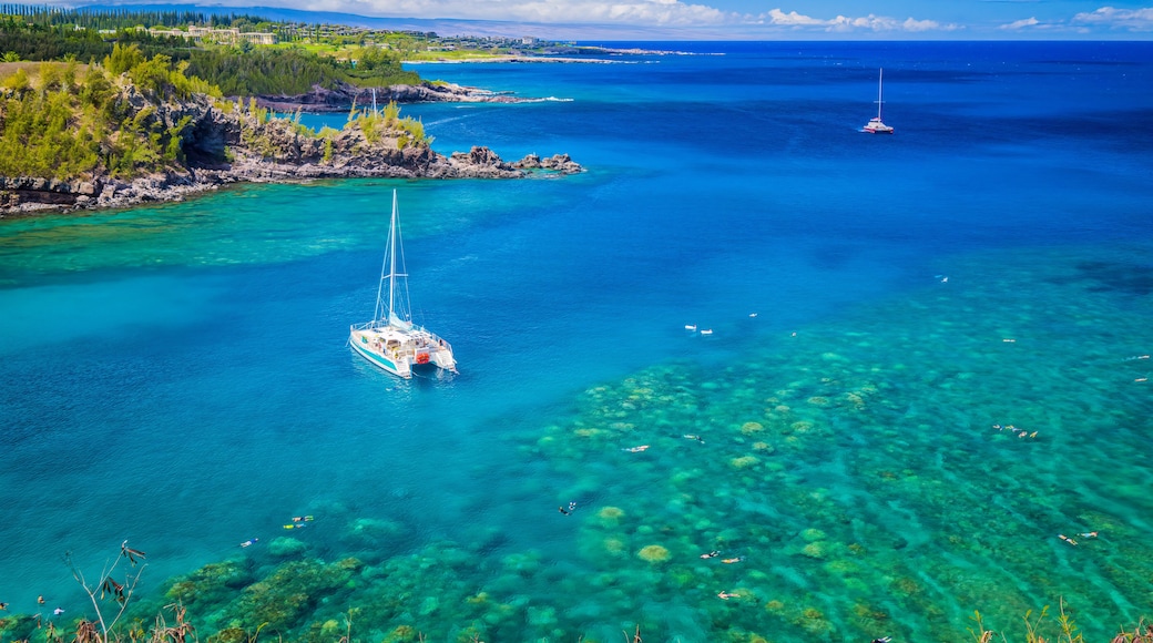 Landscape of Honolua Bay in Maui Hawaii. Honolua Bay located north of Kapalua, West Maui Hawaii, United States. Snorkeling paradise coral reefs in marine preserve.
